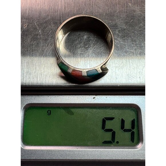 Estate Sterling Silver 925 Multi-Stone Inlay Ring Blue Green Orange Band Sz 8.5 - Picture 8 of 8
